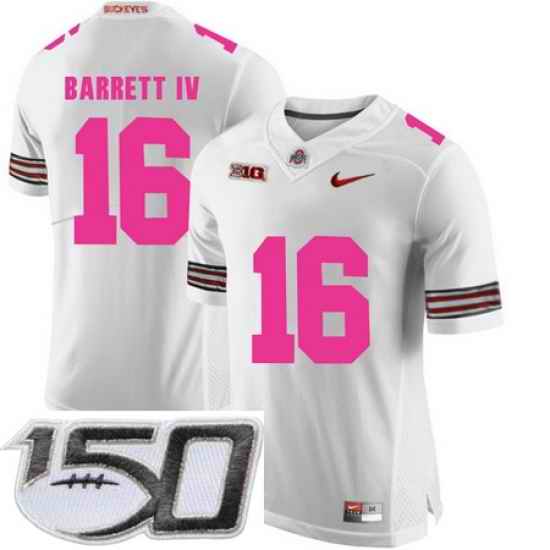 Ohio State Buckeyes 16 J.T. Barrett White 2018 Breast Cancer Awareness College Football Stitched 150th Anniversary Patch Jersey